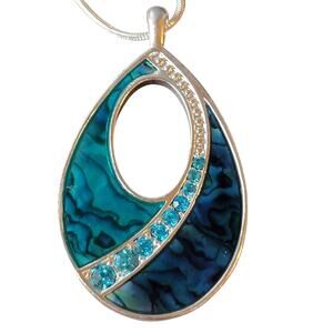 Silver Tone Teardrop Pendant Necklace with Blue Stone Inlay 32" Chain Rhinestone